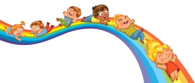 Children ride on a rainbow